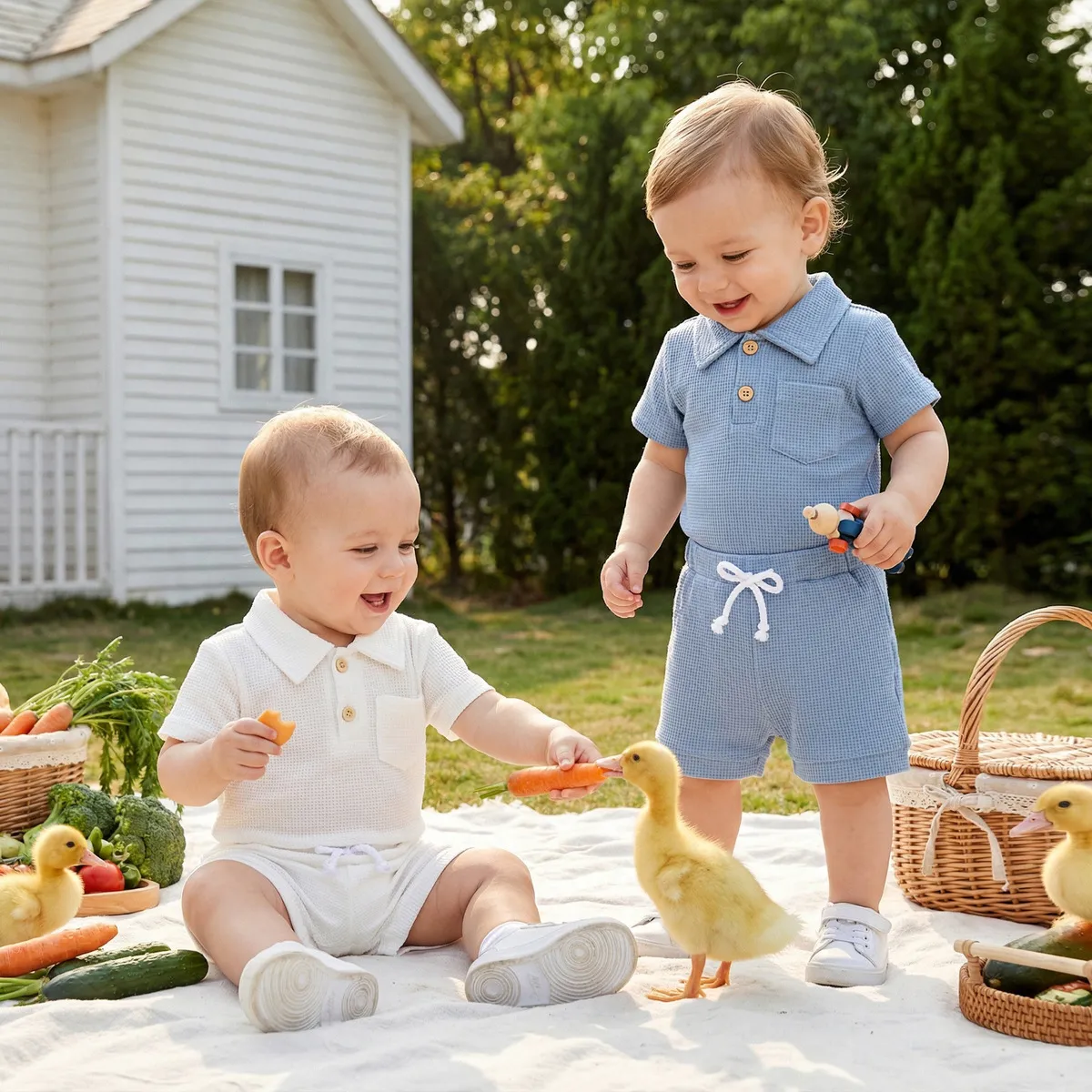 Kids Baby Boys Fashion Casual Summer Solid Color Waffles Polo Collar Short-Sleeve Rompers Shorts Two-Piece Set