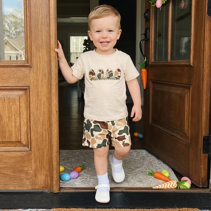 Kids Baby Boys Summer Camouflage Easter Egg Embroidered Short-Sleeved T-Shirt Loose Shorts Two-Piece Set