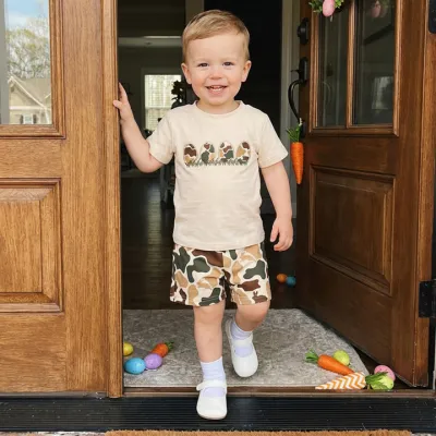 Kids Baby Boys Summer Camouflage Easter Egg Embroidered Short-Sleeved T-Shirt Loose Shorts Two-Piece Set