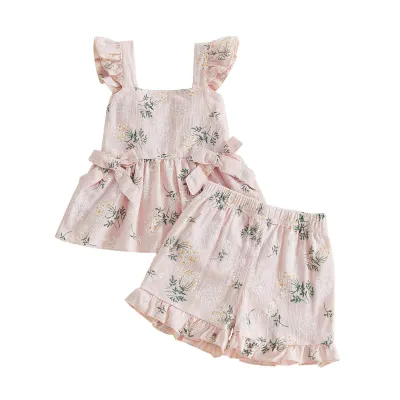 Kids Baby Girls Fashion Casual Summer Flower Printed Flying Sleeve Tank Top Loose Shorts Two-Piece Set