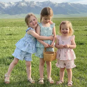 Kids Baby Girls Fashion Casual Summer Flower Printed Flying Sleeve Tank Top Loose Shorts Two-Piece Set