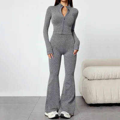 Women Fashion Casual Autumn And Winter Solid Color Long-Sleeve Jacket Flare Pants Yoga Sports Two-Piece Set