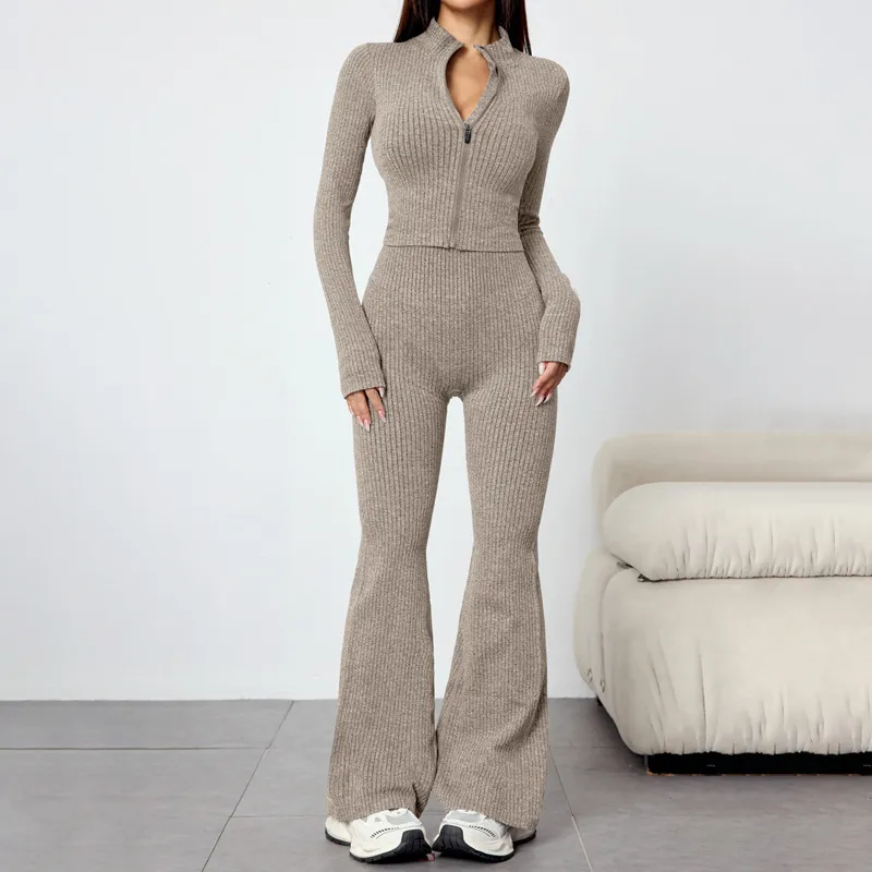 Women Fashion Casual Autumn And Winter Solid Color Long-Sleeve Jacket Flare Pants Yoga Sports Two-Piece Set