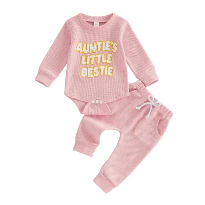 Kids Baby Boys And Girls Spring And Autumn Waffle Letters Embroidered Long Sleeve Rompers Pants Two-Piece Set