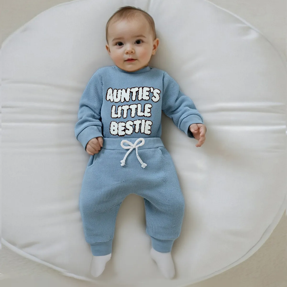 Kids Baby Boys And Girls Spring And Autumn Waffle Letters Embroidered Long Sleeve Rompers Pants Two-Piece Set