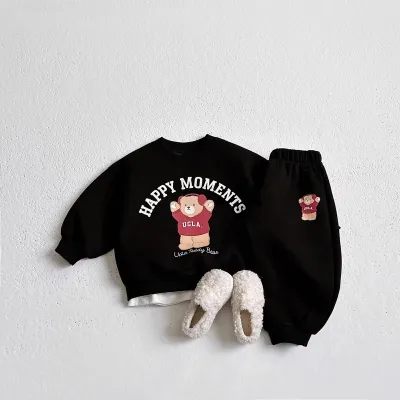 Kids Boys And Girls Spring And Autumn Bear Printed Sweatshirt Pants Two-Piece Set