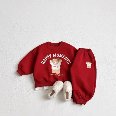 Kids Boys And Girls Spring And Autumn Bear Printed Sweatshirt Pants Two-Piece Set