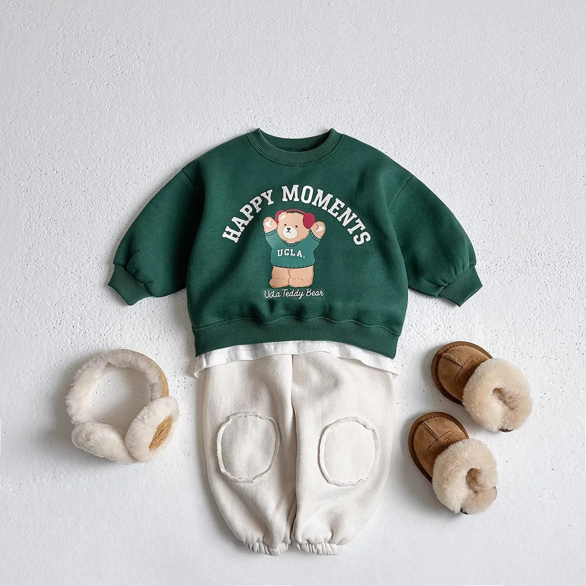 Kids Boys And Girls Spring And Autumn Bear Printed Sweatshirt Pants Two-Piece Set