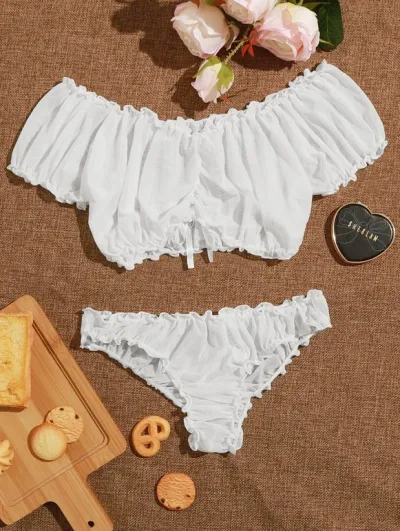 Women Fashion Solid Color Perspective Mesh Sexy Lingerie Two-Piece Set