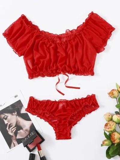 Women Fashion Solid Color Perspective Mesh Sexy Lingerie Two-Piece Set
