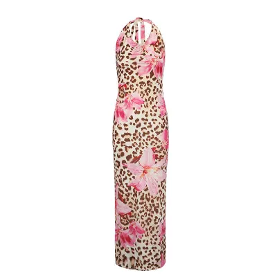 Women Fashion Sexy Spring And Summer Leopard Print Halter-Neck Lace-Up Slim-Fit Dress