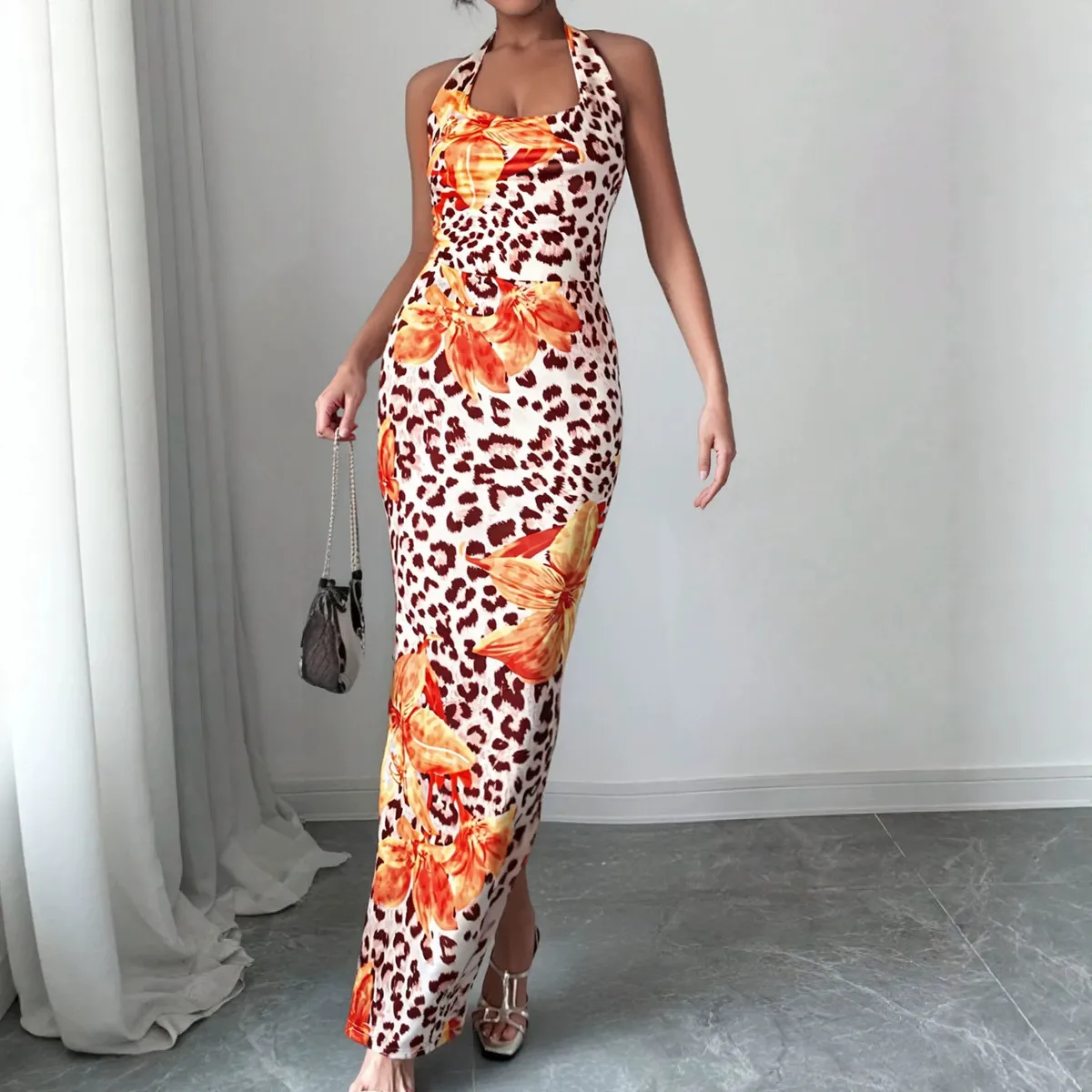 Women Fashion Sexy Spring And Summer Leopard Print Halter-Neck Lace-Up Slim-Fit Dress
