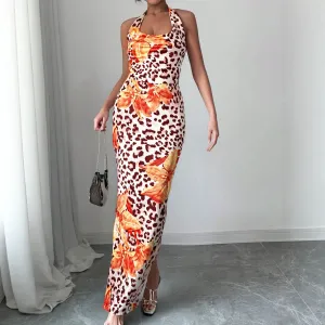 Women Fashion Sexy Spring And Summer Leopard Print Halter-Neck Lace-Up Slim-Fit Dress
