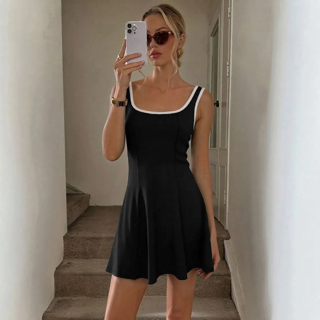 Women Fashion Summer Contrast Color U-Neck Sleeveless Color-Bright Edge Slim-Fit A- Line Dress