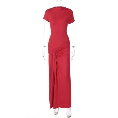 Women'S Fashion Elegant Summer Solid Color Short Sleeve Slim Fit Pleated Lace-Up Dress