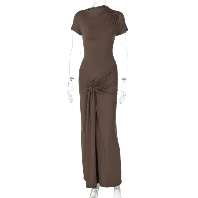 Women'S Fashion Elegant Summer Solid Color Short Sleeve Slim Fit Pleated Lace-Up Dress