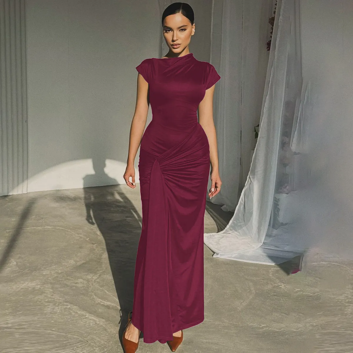 Women'S Fashion Elegant Summer Solid Color Short Sleeve Slim Fit Pleated Lace-Up Dress