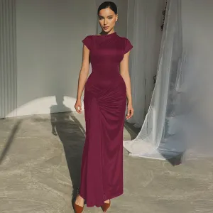 Women'S Fashion Elegant Summer Solid Color Short Sleeve Slim Fit Pleated Lace-Up Dress