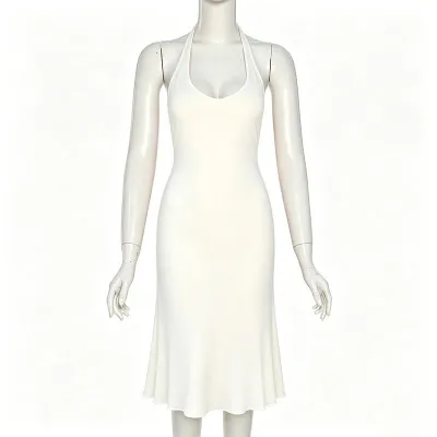Women Fashion Sexy Solid Color Halter-Neck Sleeveless Backless Dress