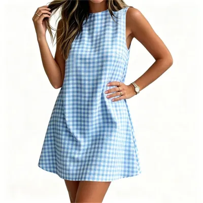 Women Fashion Casual Summer Plaid Crewneck Sleeveless Back Zip Dress