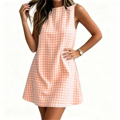 Women Fashion Casual Summer Plaid Crewneck Sleeveless Back Zip Dress