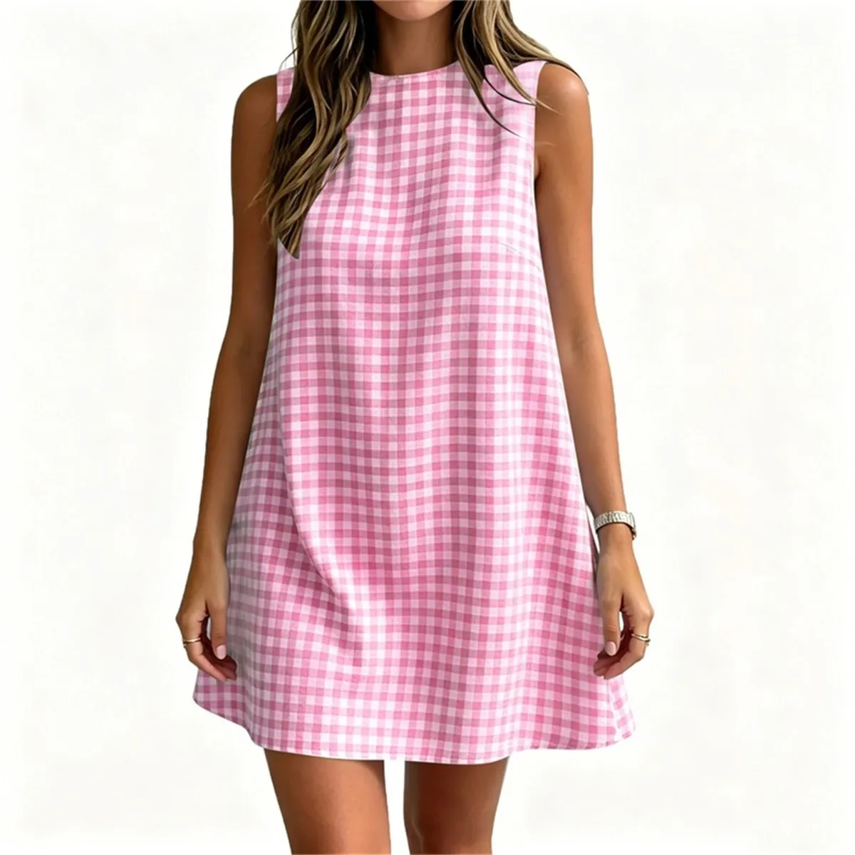 Women Fashion Casual Summer Plaid Crewneck Sleeveless Back Zip Dress