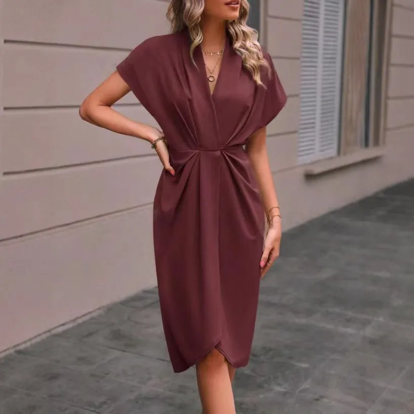 Women Fashion Casual Solid Color V-Neck Irregular Short-Sleeve Dress