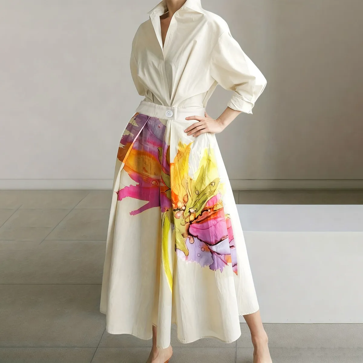 Women Fashion Causal Print Lapel Long-Sleeve Loose Dress
