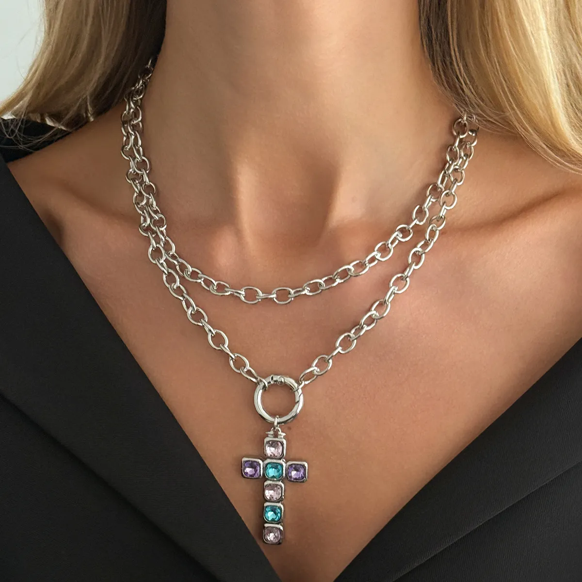 Women Fashion Multicolor Square Rhinestone Cross Pendant Double-Layer Necklace