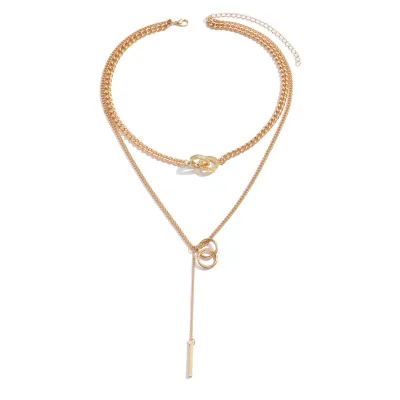 Women Fashion Long Alloy Diamond Tassel Stacked Chain Necklace