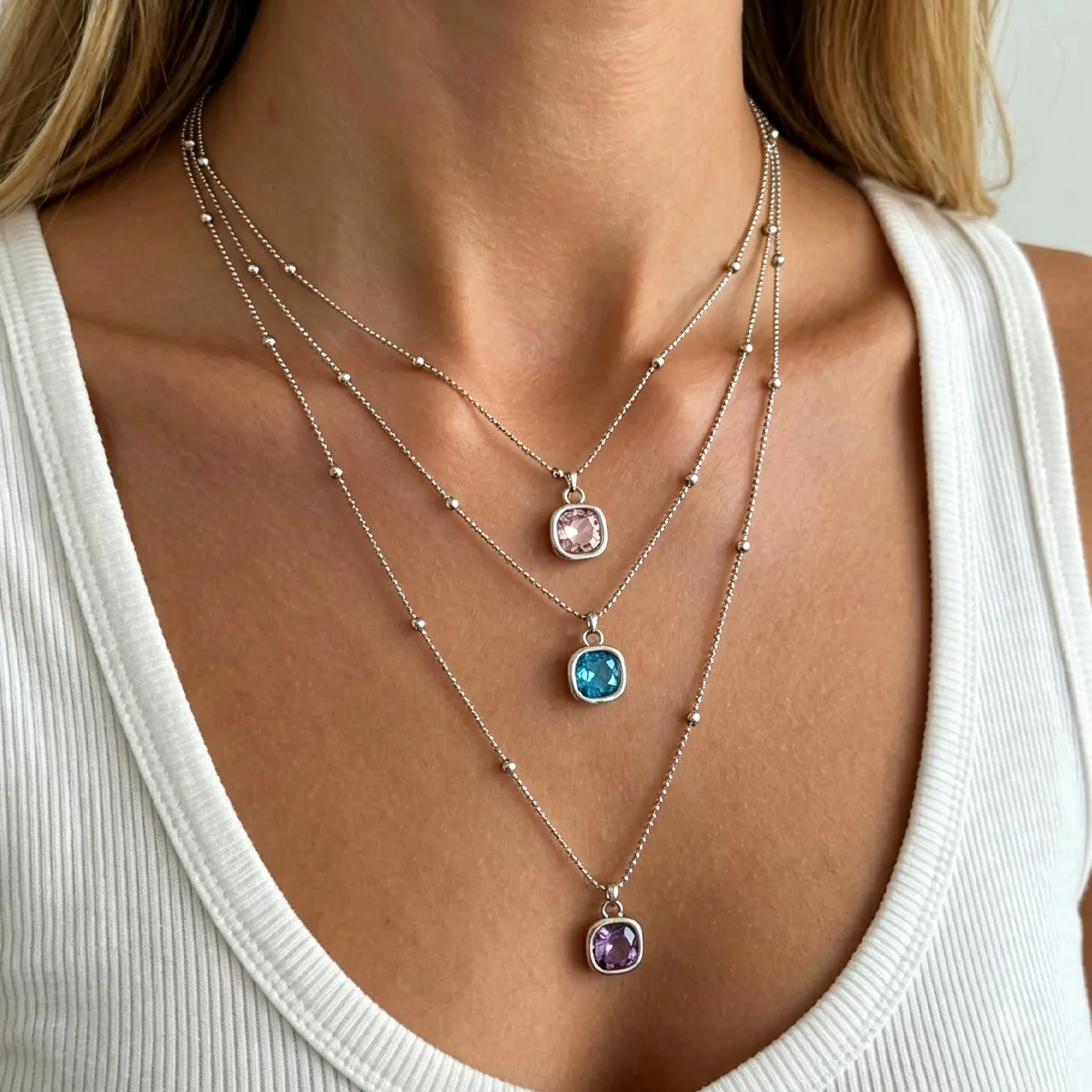 Women Fashion Metal Multilayer Square Rhinestone Pendant Bead Chain Necklace