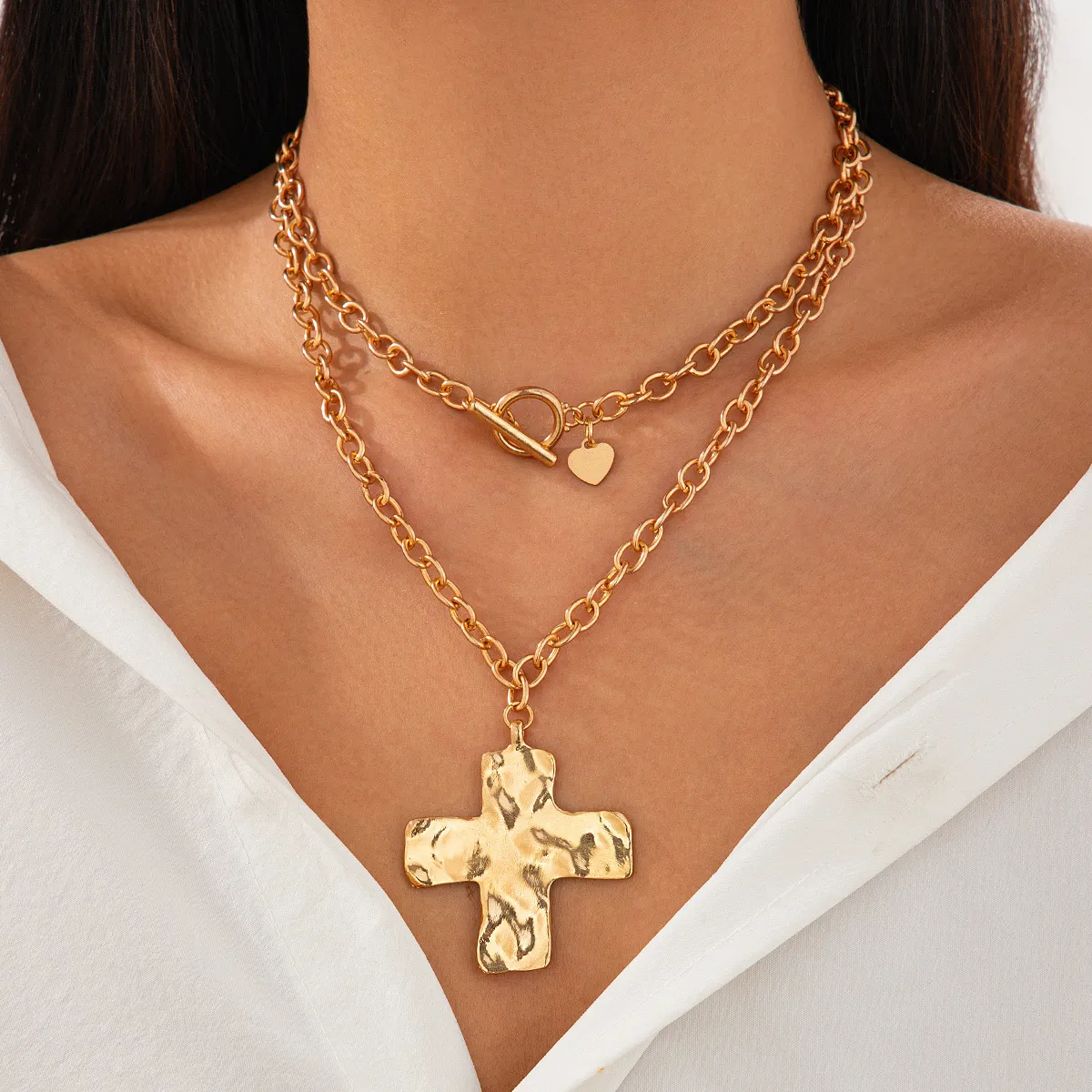 Women Fashion Cross Alloy Pendant Double Layer Ot Buckle Necklace