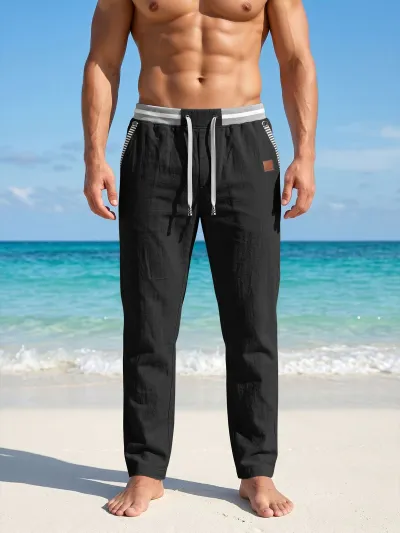 Men'S Fashion Casual Linen Straight Elastic Drawstring Breathable Pants