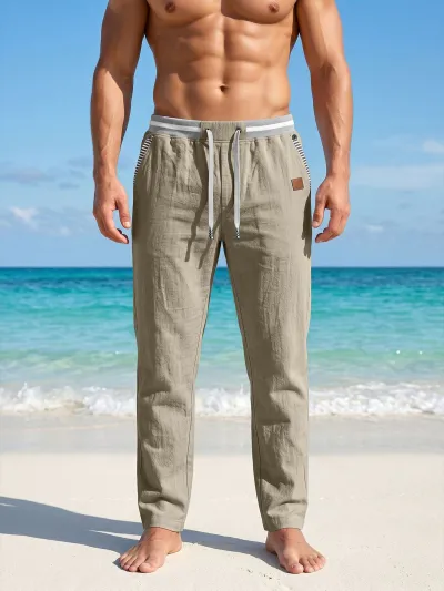 Men'S Fashion Casual Linen Straight Elastic Drawstring Breathable Pants