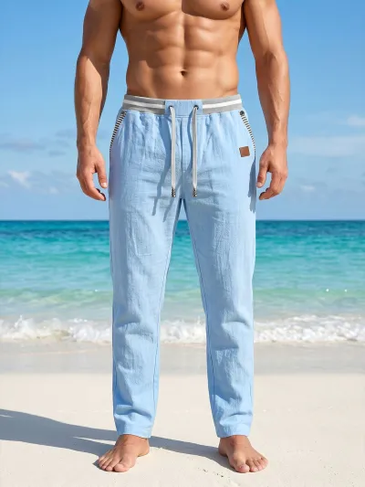 Men'S Fashion Casual Linen Straight Elastic Drawstring Breathable Pants