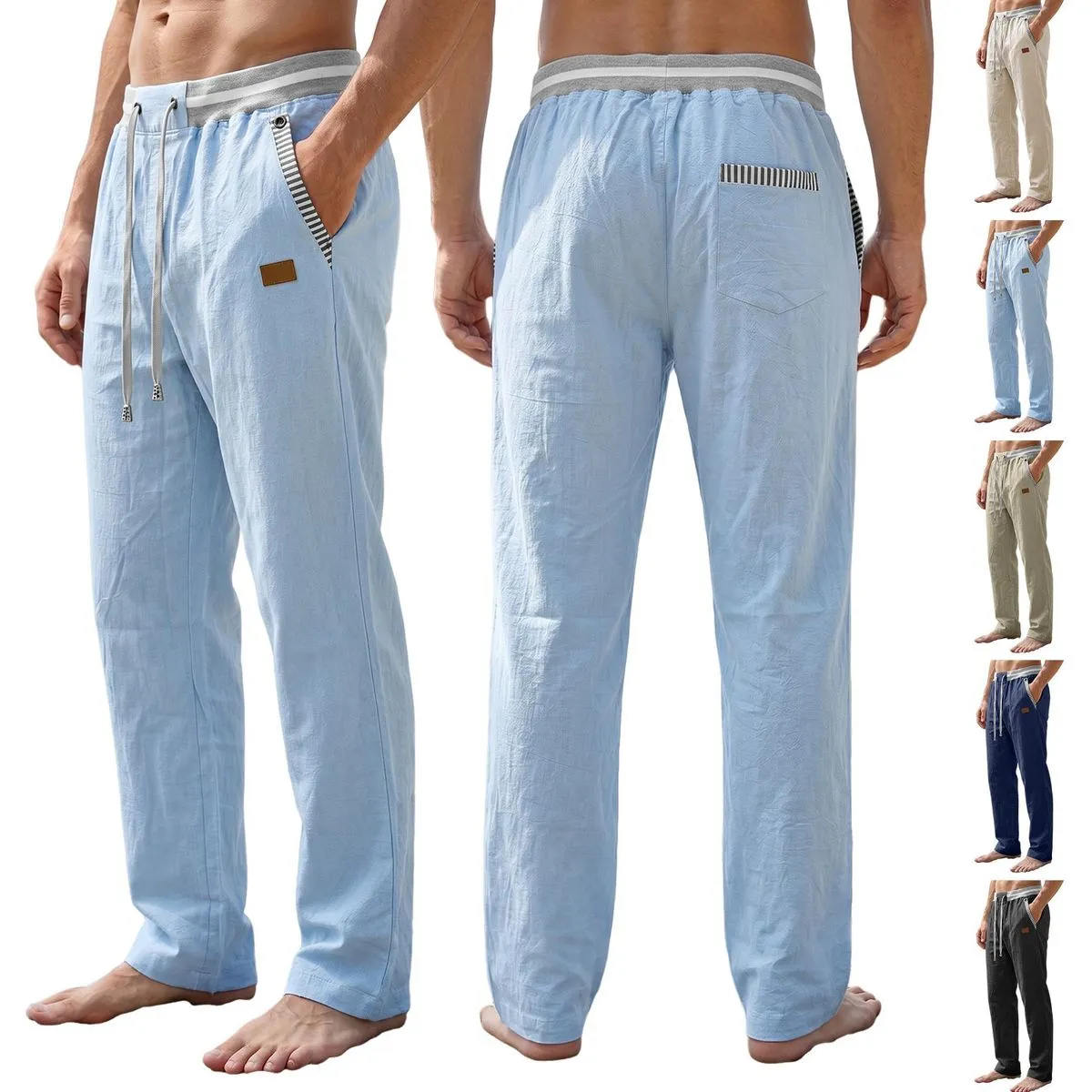 Men'S Fashion Casual Linen Straight Elastic Drawstring Breathable Pants