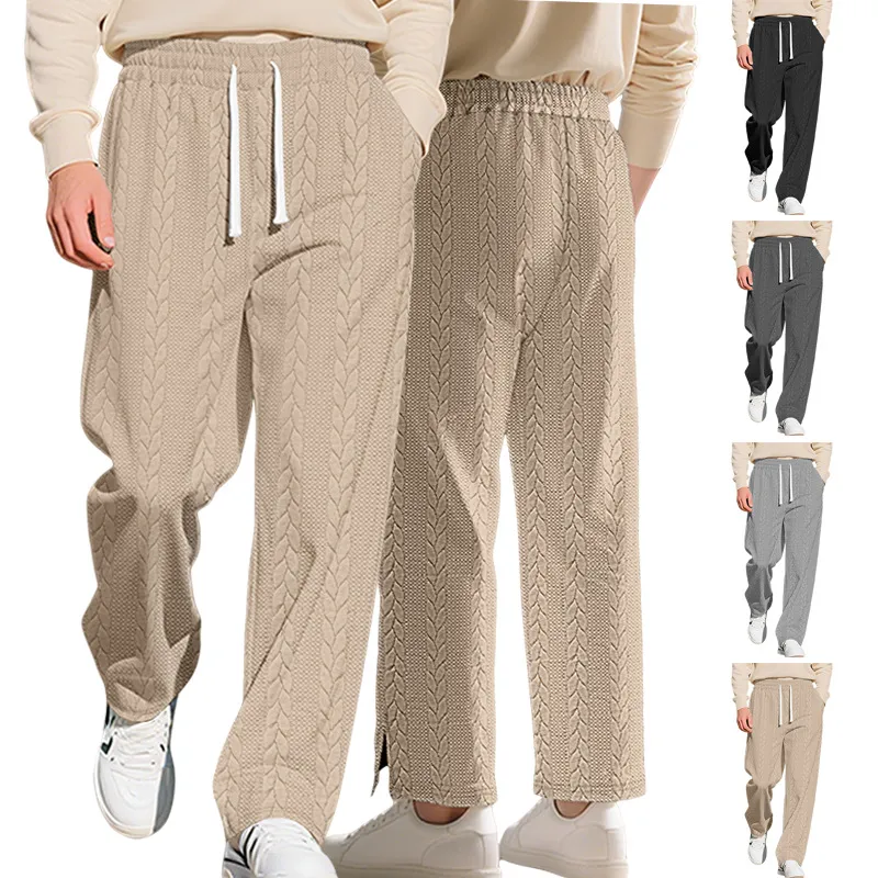 Men'S Fashion Casual Autumn And Winter Solid Color Jacquard Pattern Drawstring Pants