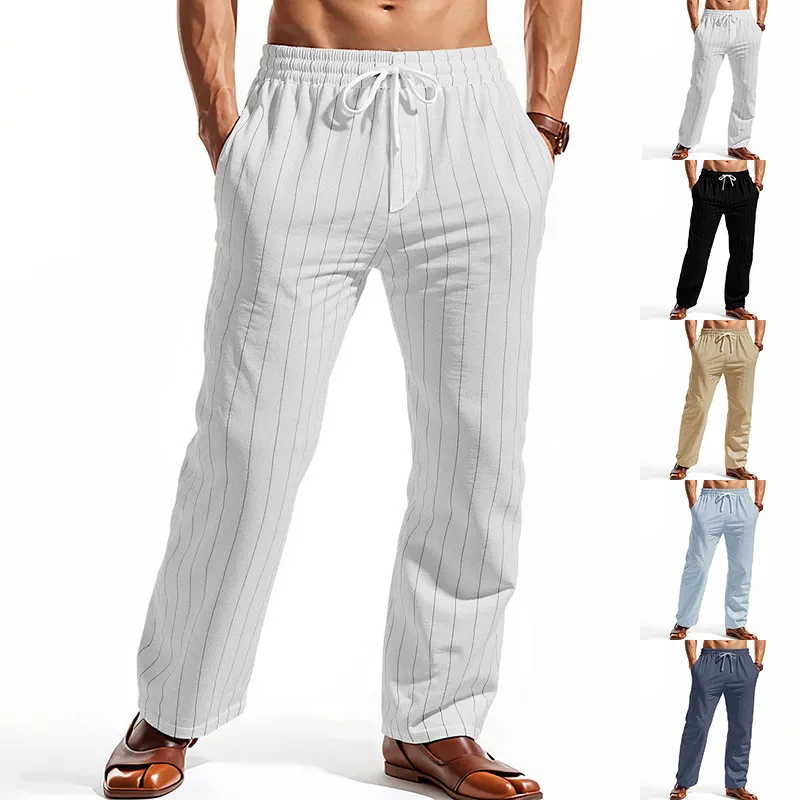 Men'S Fashion Casual Summer Linen Drawstring Vertical Stripe Straight Breathable Pants