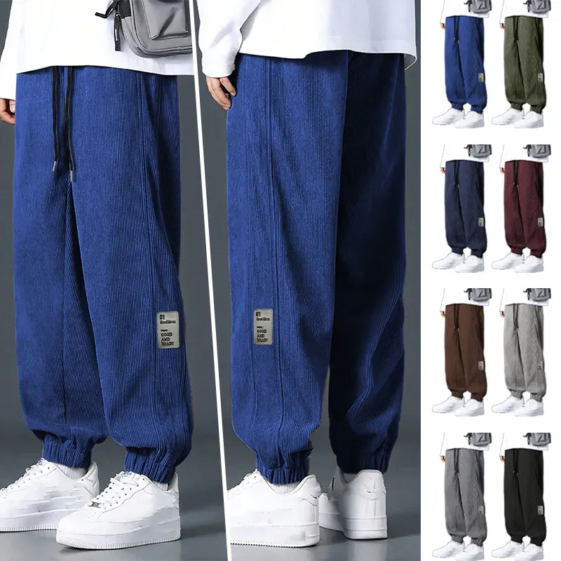Men'S Fashion Casual Solid Color Corduroy Loose Straight Multi-Pocket Pants