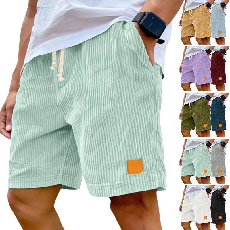 Men'S Fashion Casual Summer Solid Color Corduroy Breathable Quick-Drying Drawstring Loose Shorts