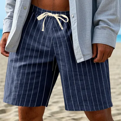 Men'S Fashion Casual Summer Thin Linen Stripe Loose Beach Shorts