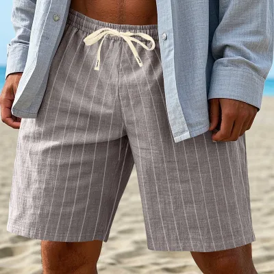 Men'S Fashion Casual Summer Thin Linen Stripe Loose Beach Shorts