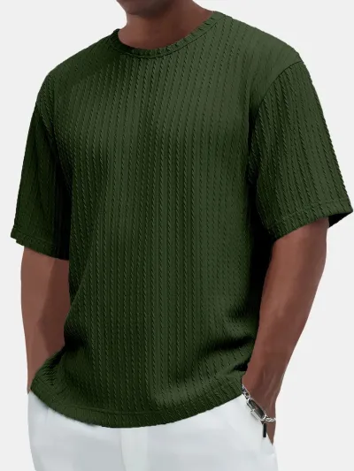 Men'S Fashion Casual Summer Solid Color Texture Round Neck Short Sleeve T-Shirt