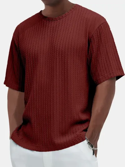 Men'S Fashion Casual Summer Solid Color Texture Round Neck Short Sleeve T-Shirt