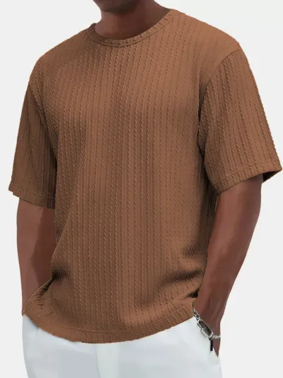 Men'S Fashion Casual Summer Solid Color Texture Round Neck Short Sleeve T-Shirt