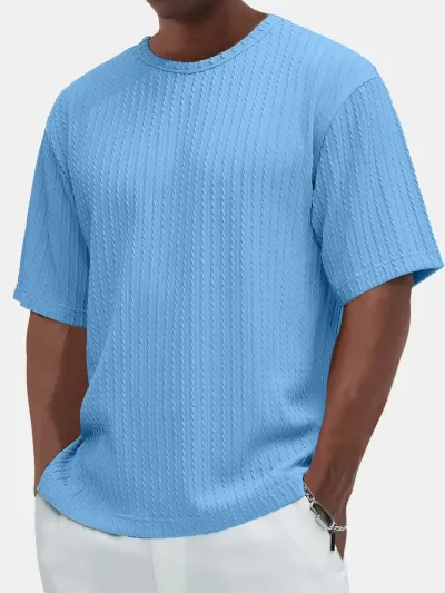 Men'S Fashion Casual Summer Solid Color Texture Round Neck Short Sleeve T-Shirt