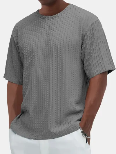 Men'S Fashion Casual Summer Solid Color Texture Round Neck Short Sleeve T-Shirt