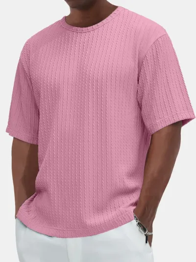 Men'S Fashion Casual Summer Solid Color Texture Round Neck Short Sleeve T-Shirt