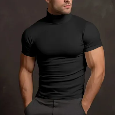 Men'S Fashion Casual Summer Solid Color High Neck Short-Sleeve Tight T-Shirt
