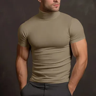 Men'S Fashion Casual Summer Solid Color High Neck Short-Sleeve Tight T-Shirt